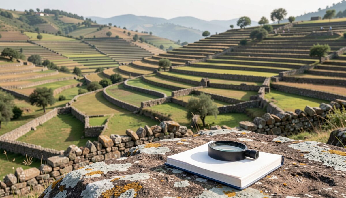 A wide view of terraced fields and scattered stone walls on a hillside, with a geologist's hand lens and a notebook resting on a rock in the foreground.