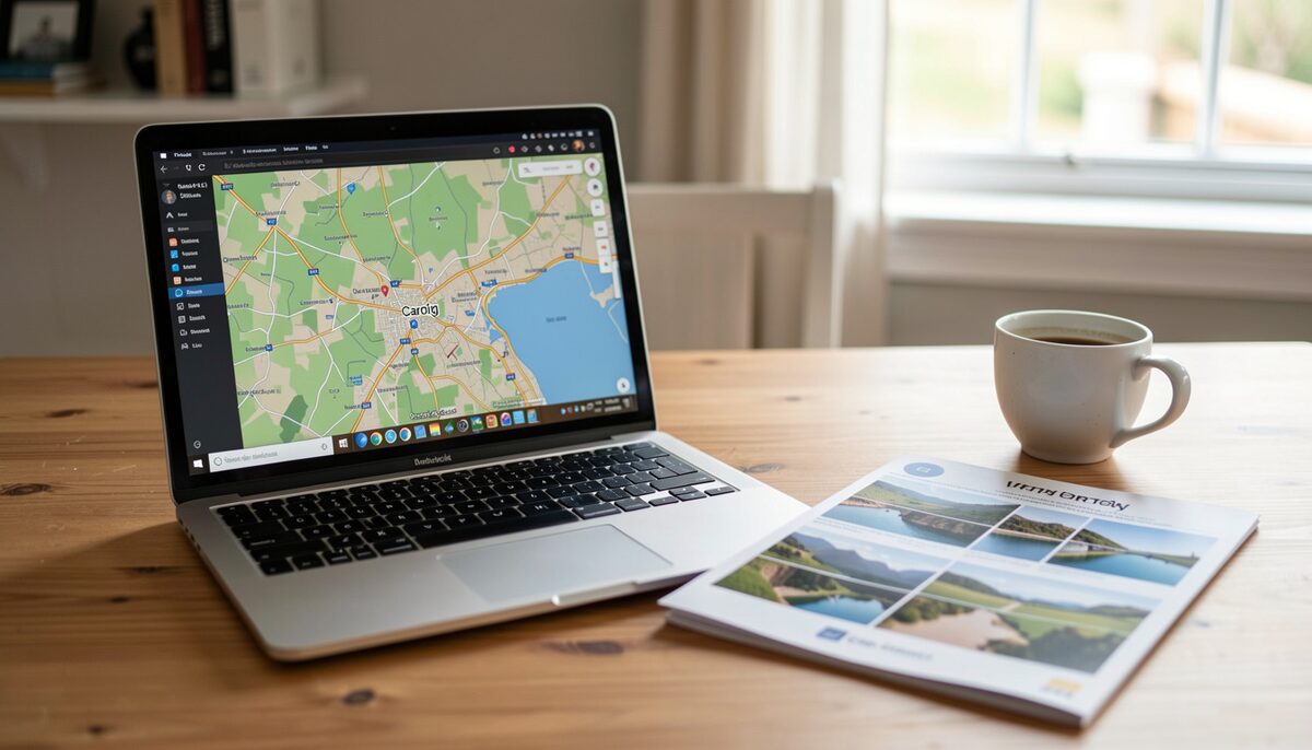 A desk with a laptop showing a digital map of the Caroig area, a printed tourist brochure with photos only, and a cup of coffee, no readable text.