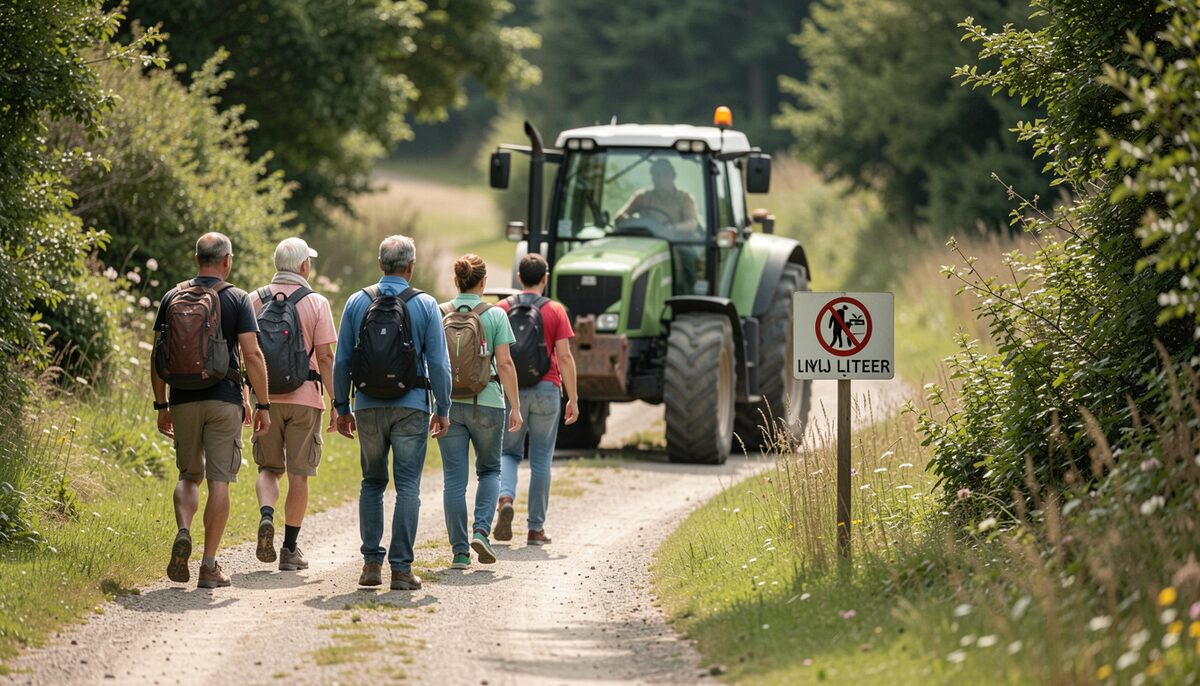 A small group of walkers on a narrow trail stopping to let a farmer's tractor pass, with a no littering symbol on a small sign, no readable words.