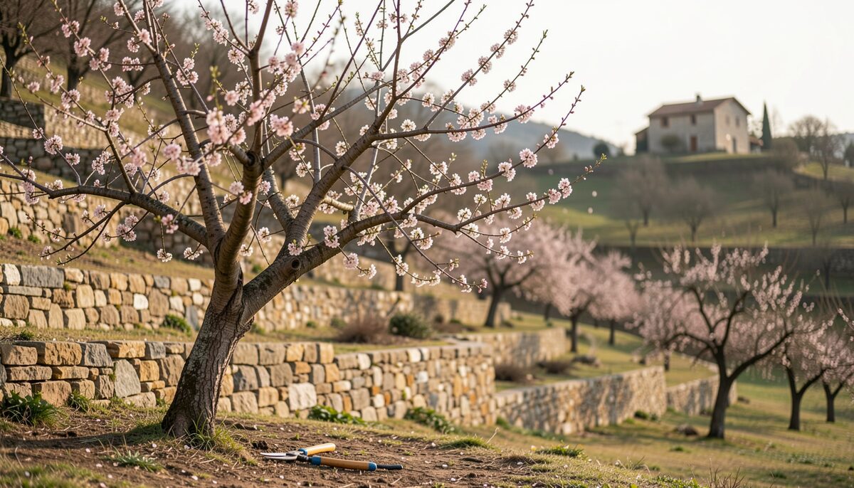 An almond tree in blossom on a terraced slope with a stone retaining wall, a farmer's pruning shears on the ground, and a distant farmhouse.