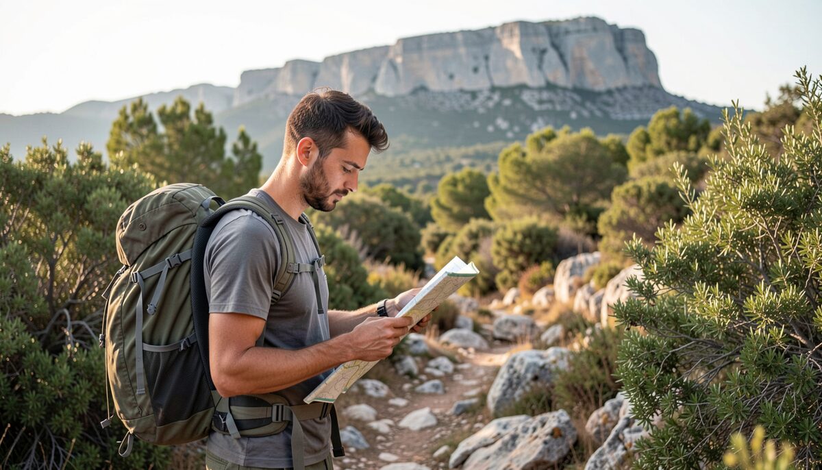 A hiker with a backpack consulting a folded map on a rocky path with Mediterranean scrub and a distant limestone ridge in the background.