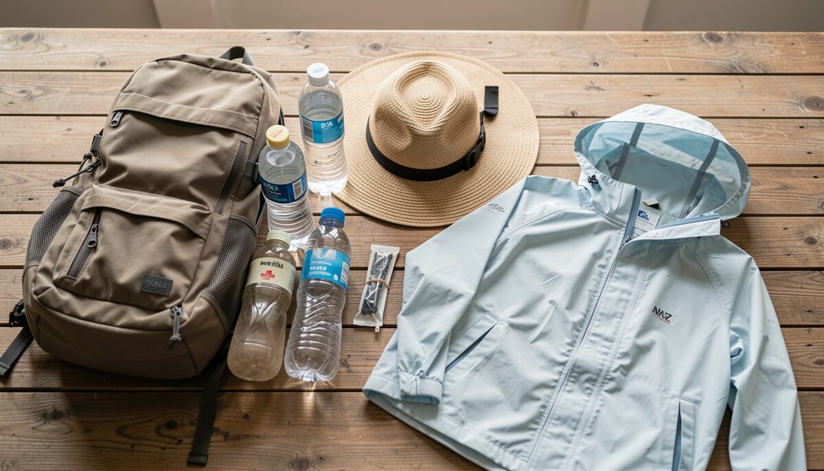 A flat lay on a wooden table with a daypack, water bottles, a sun hat, a light rain jacket, and a basic first aid kit, no labels visible.
