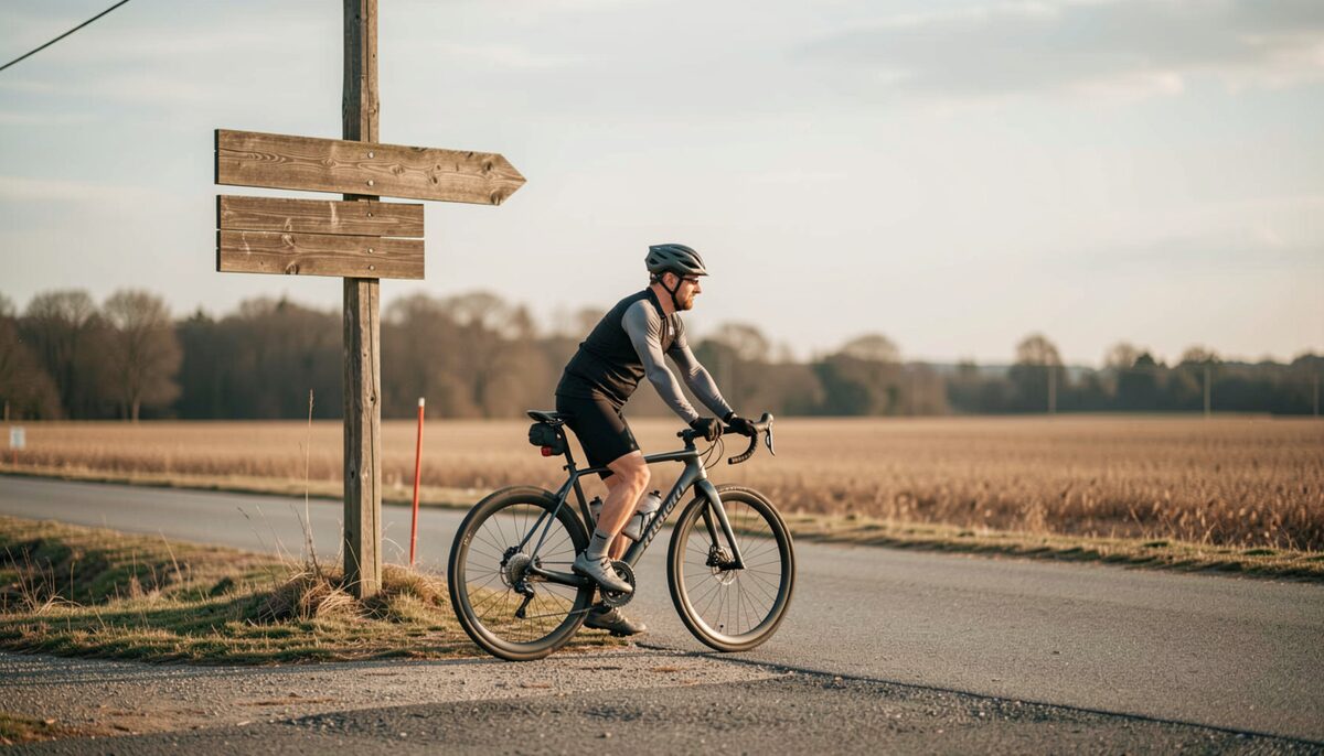 A cyclist with a gravel bike stopped at a rural crossroads with a wooden signpost, no readable text, and dry fields stretching behind.